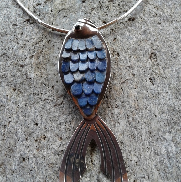 Jewelry - Sterling silver LAPIS,  fish pendant